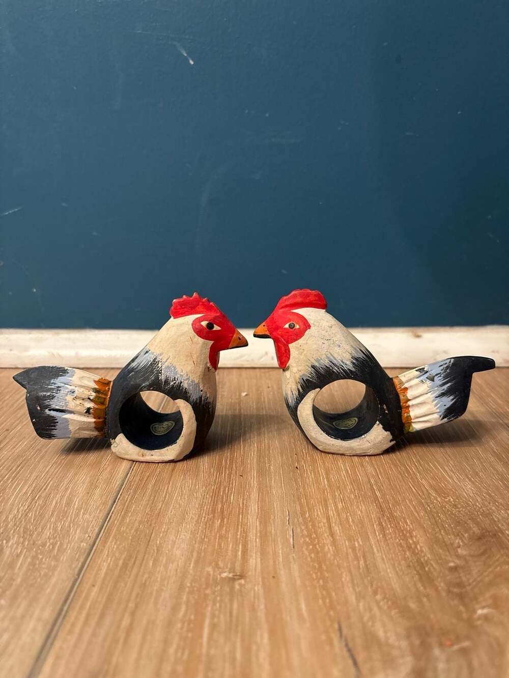 Vintage Hand Carved Wooden Rooster Napkin Rings Set of 2